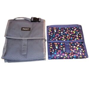 Lot 2 PACKiT Freezable Lunch Bag Gray Solid & Hearts Print Reusable Cooler‎